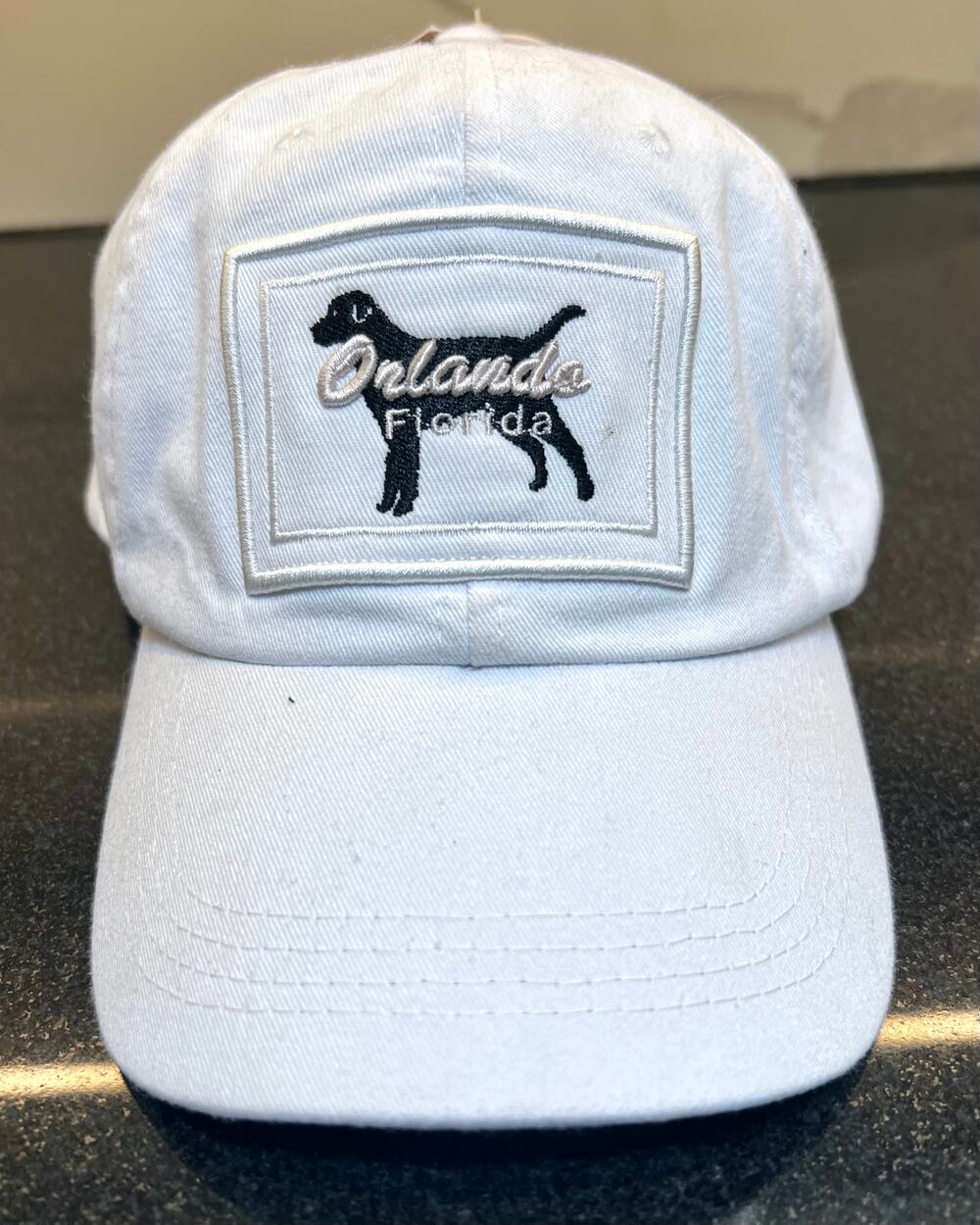 White Baseball Cap Embroidered Patch Dog, Orlando FL, Adjustable Sizing - NWT